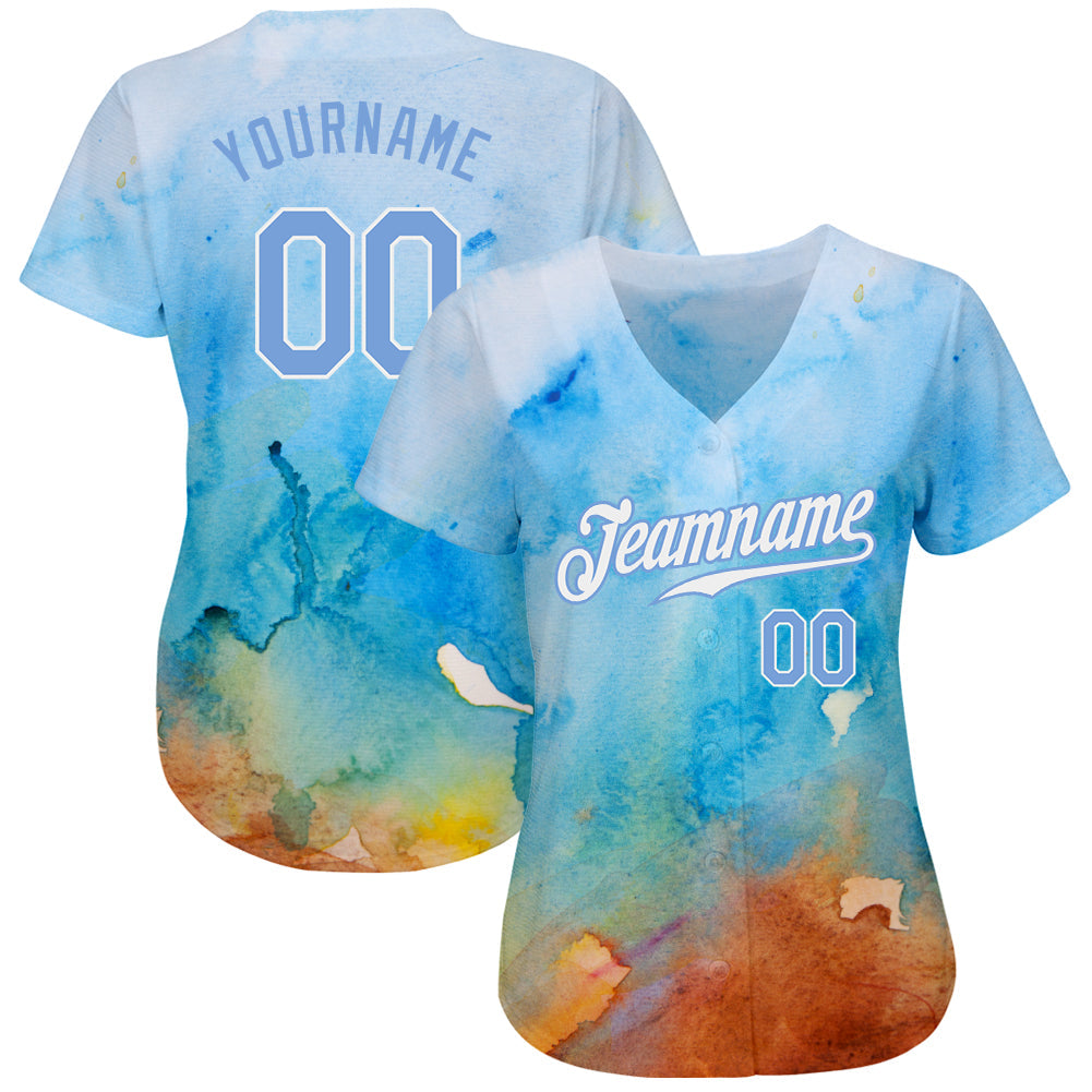 Custom Tie Dye Light Blue-White 3D Authentic Baseball Jersey view 2