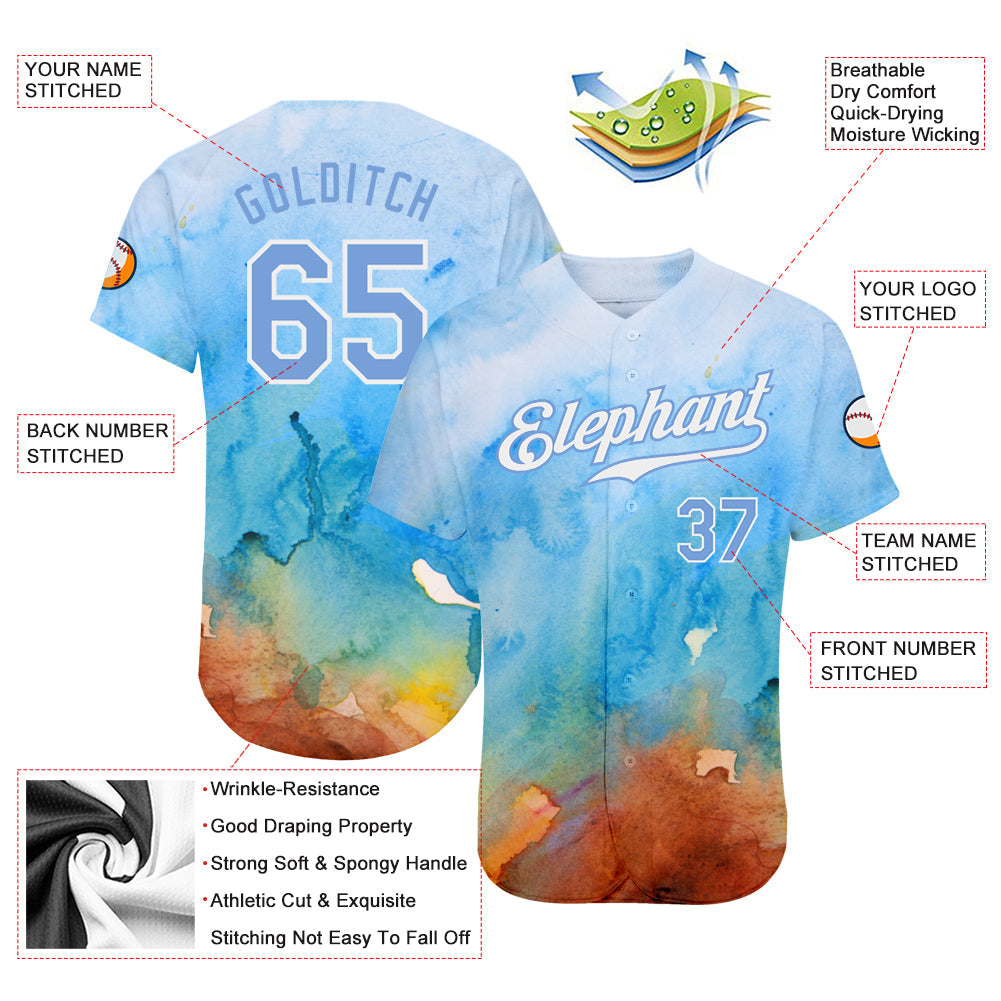 Custom Tie Dye Light Blue-White 3D Authentic Baseball Jersey view 3