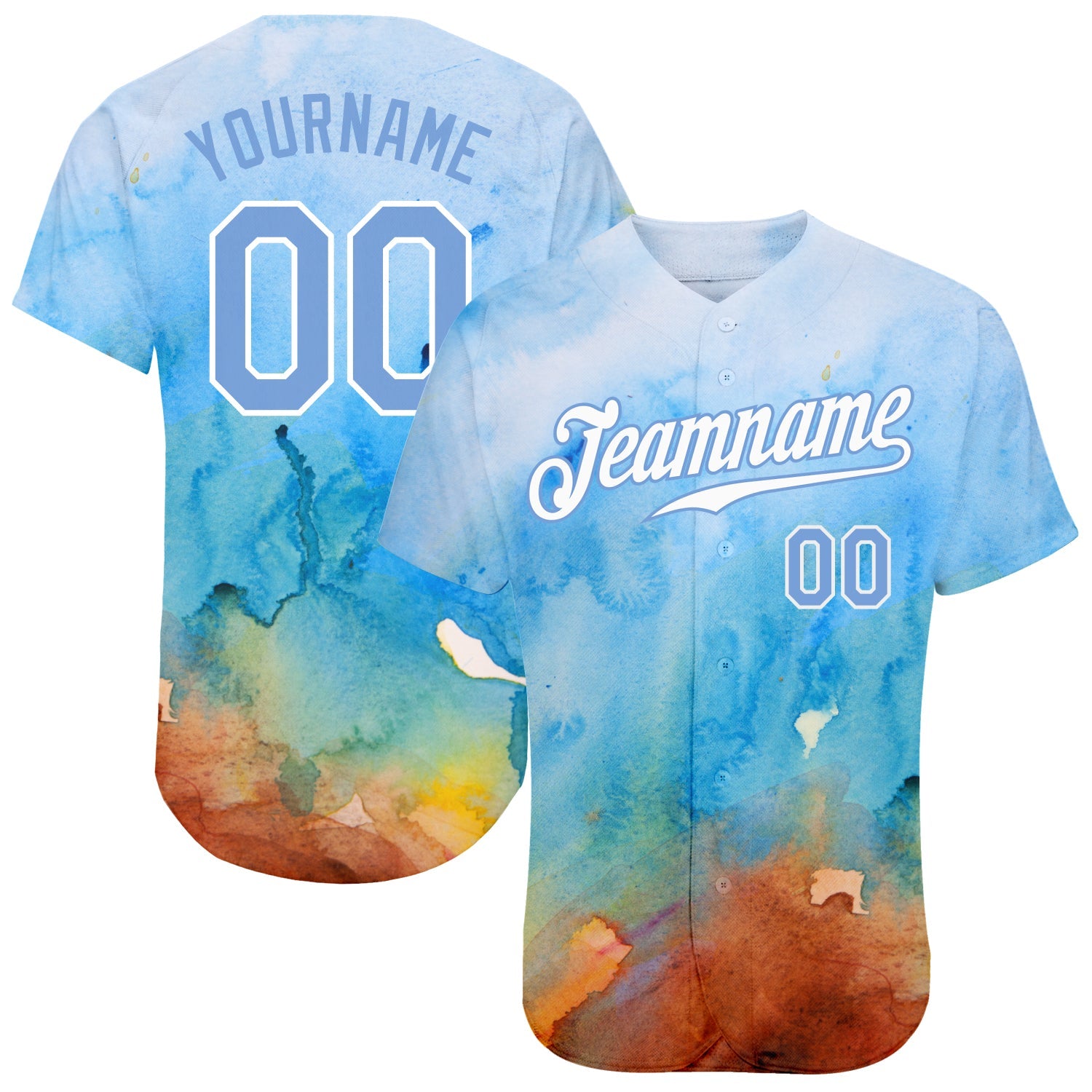 Custom Tie Dye Light Blue-White 3D Authentic Baseball Jersey - Main View