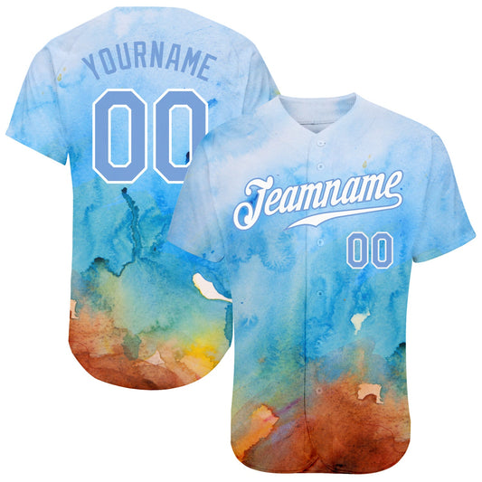 Custom Tie Dye Light Blue-White 3D Authentic Baseball Jersey - Main View