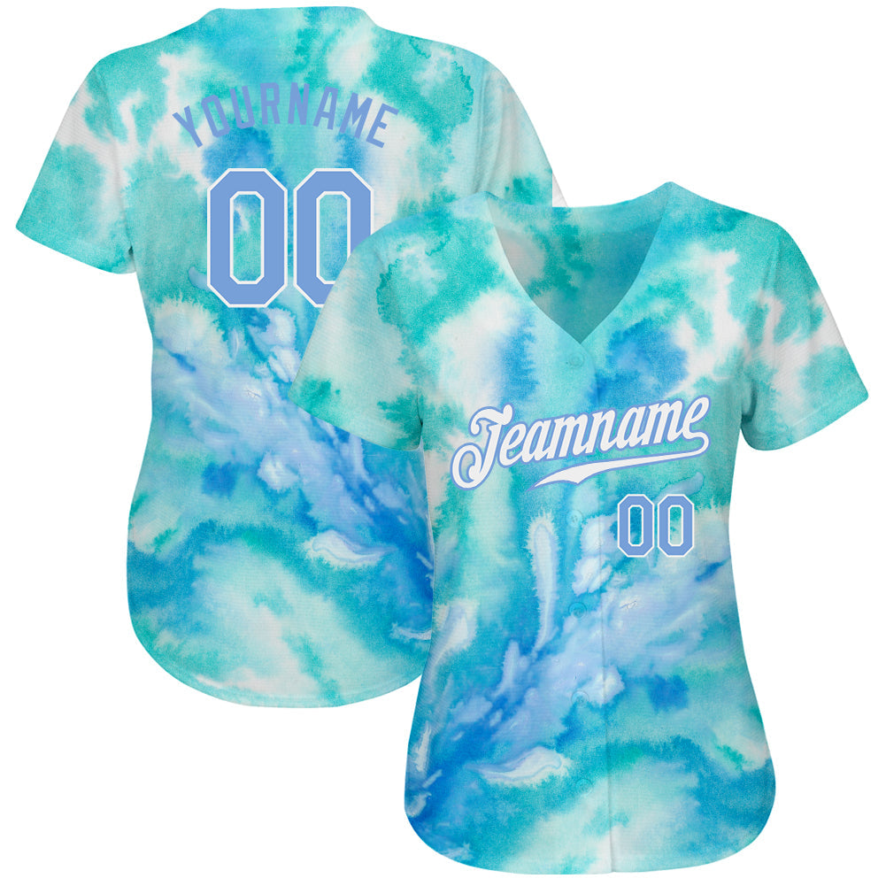 Custom Tie Dye Light Blue-White 3D Authentic Baseball Jersey view 2