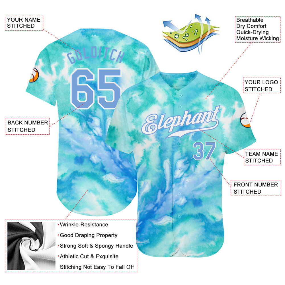 Custom Tie Dye Light Blue-White 3D Authentic Baseball Jersey view 3