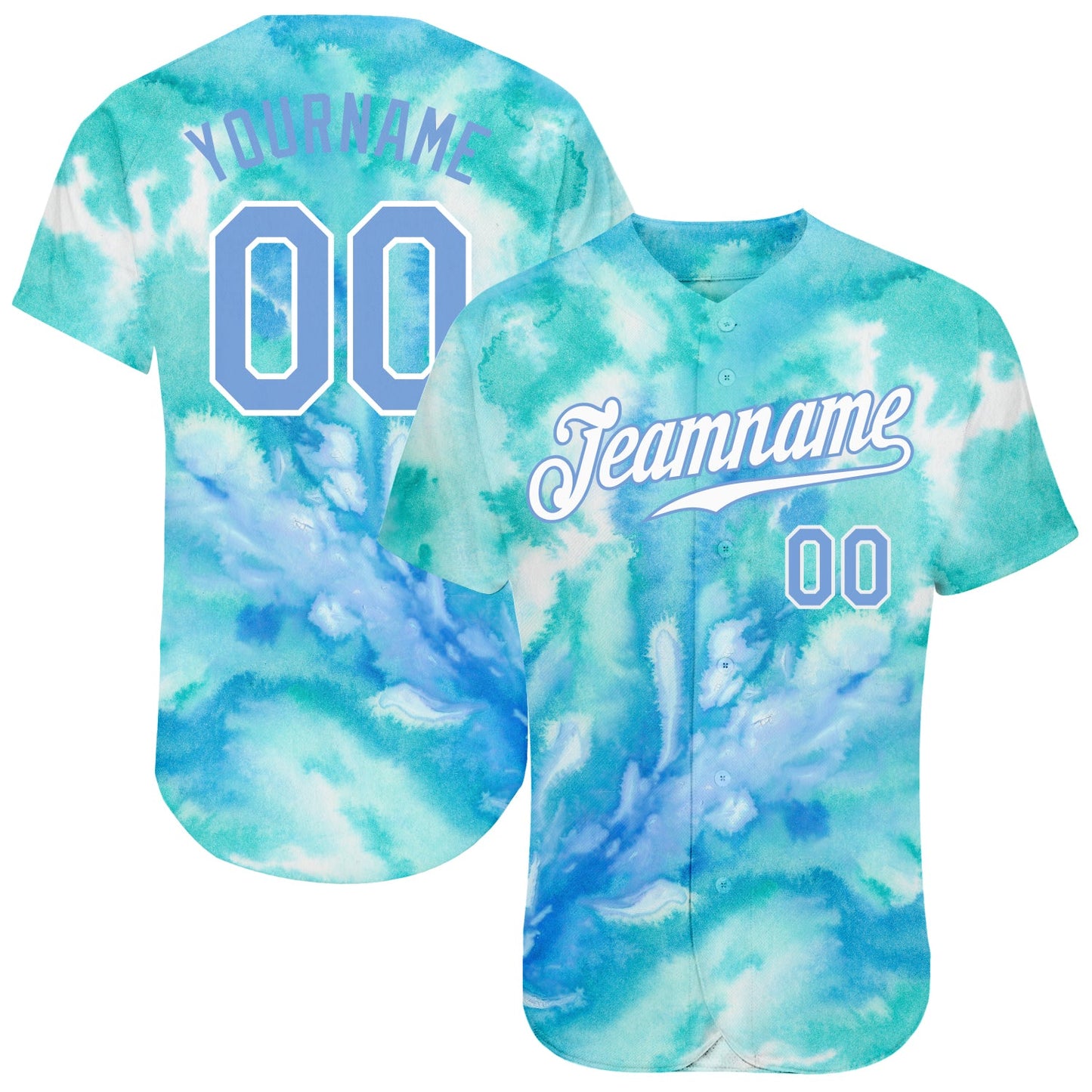 Custom Tie Dye Light Blue-White 3D Authentic Baseball Jersey - Main View