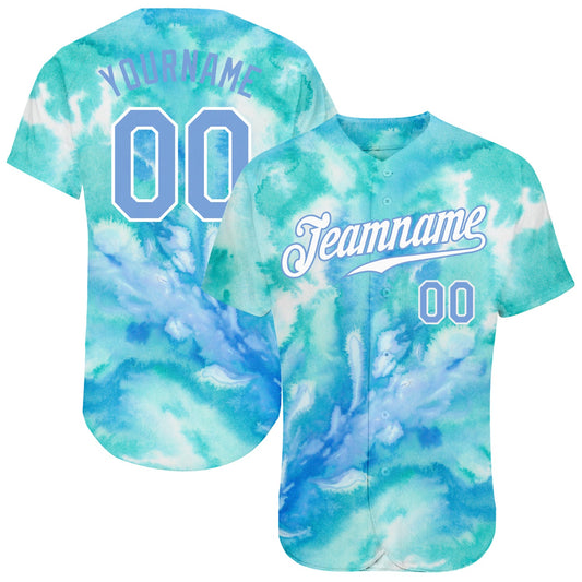 Custom Tie Dye Light Blue-White 3D Authentic Baseball Jersey - Main View