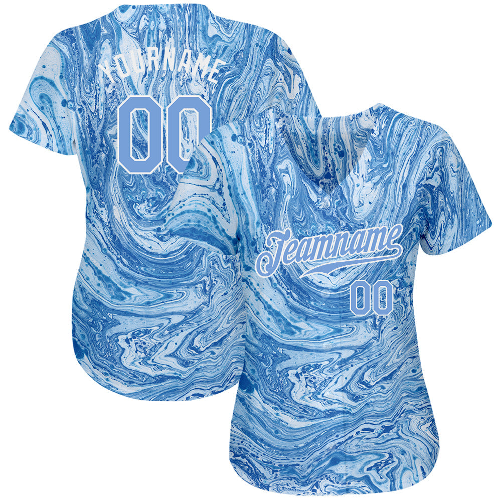 Custom Tie Dye Light Blue-White 3D Authentic Baseball Jersey view 2
