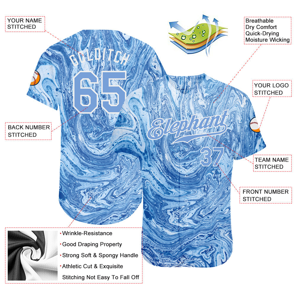 Custom Tie Dye Light Blue-White 3D Authentic Baseball Jersey view 3