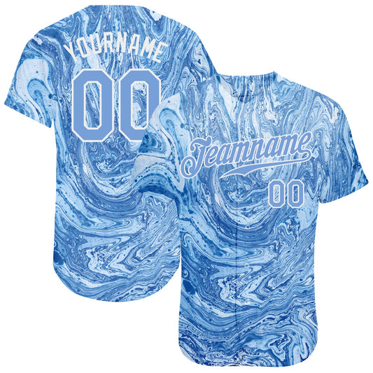 Custom Tie Dye Light Blue-White 3D Authentic Baseball Jersey - Main View