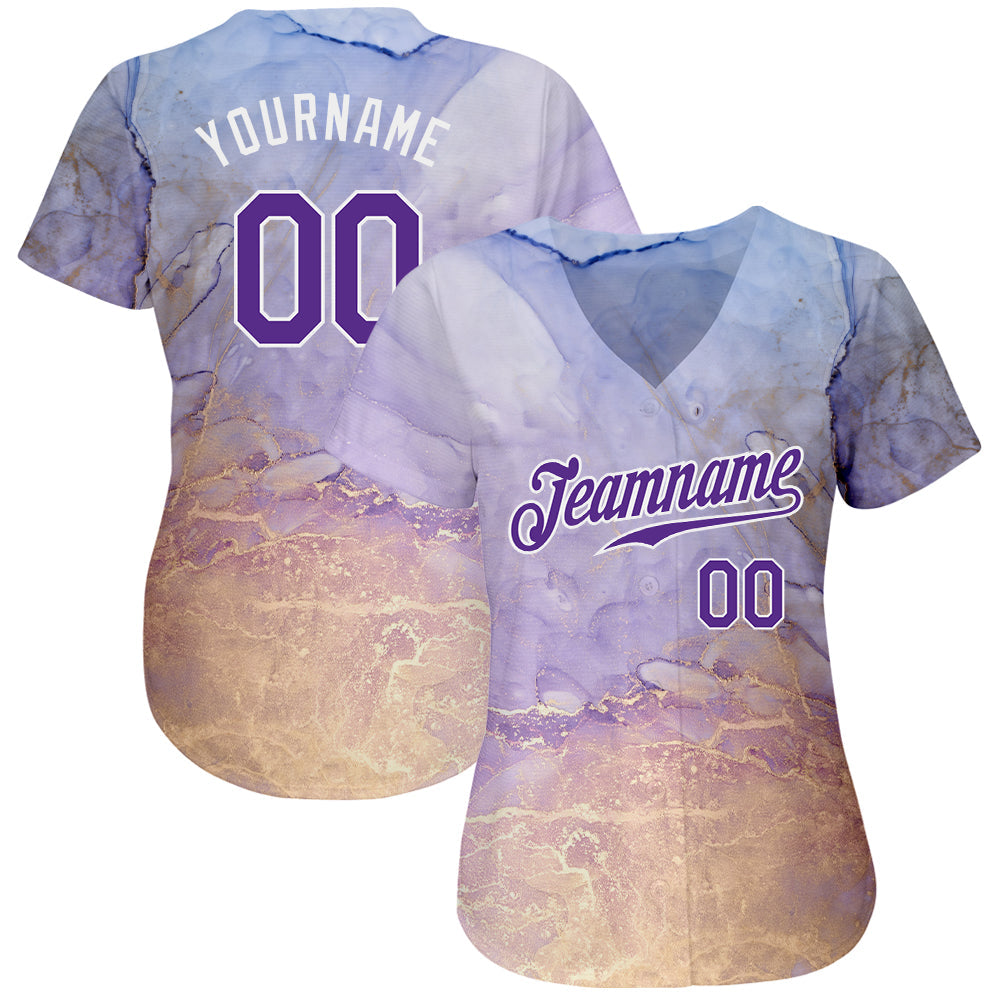 Custom Tie Dye Purple-White 3D Authentic Baseball Jersey view 2