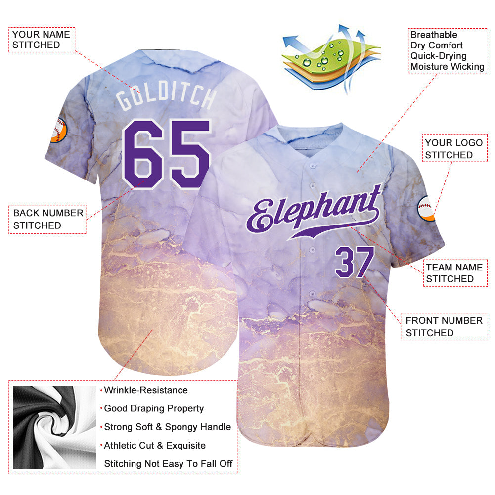 Custom Tie Dye Purple-White 3D Authentic Baseball Jersey view 3