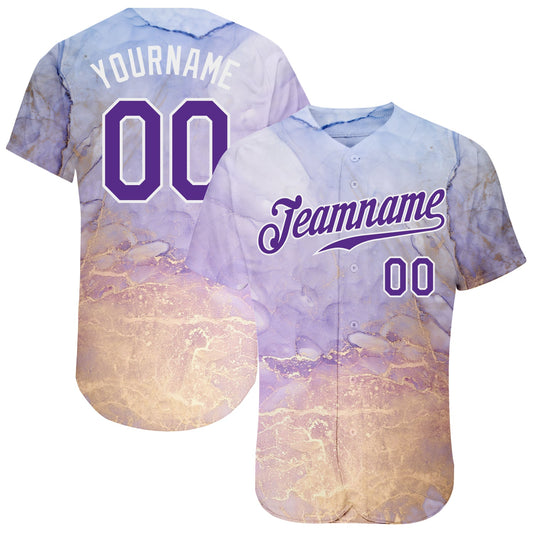 Custom Tie Dye Purple-White 3D Authentic Baseball Jersey - Main View