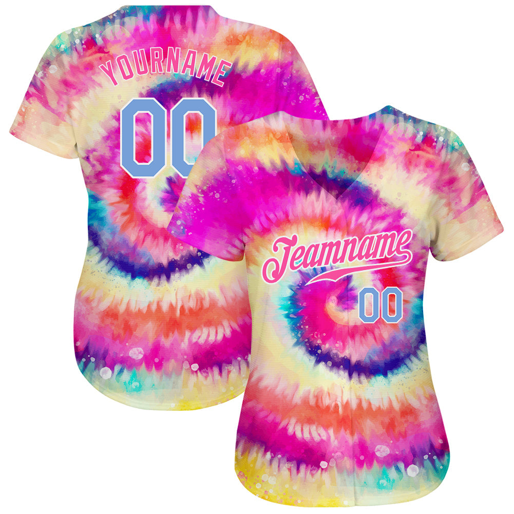 Custom Tie Dye Light Blue-White 3D Rainbow Authentic Baseball Jersey view 2