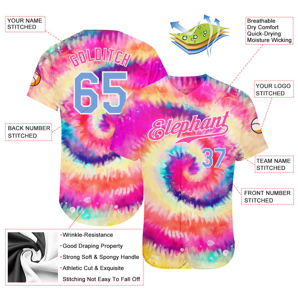 Custom Tie Dye Light Blue-White 3D Rainbow Authentic Baseball Jersey view 3
