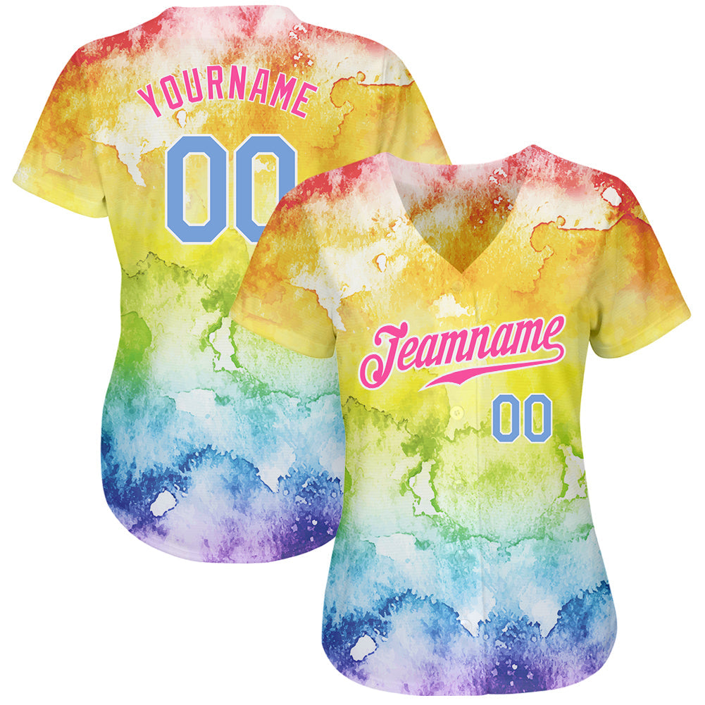 Custom Tie Dye Light Blue-Pink 3D Rainbow Authentic Baseball Jersey view 2