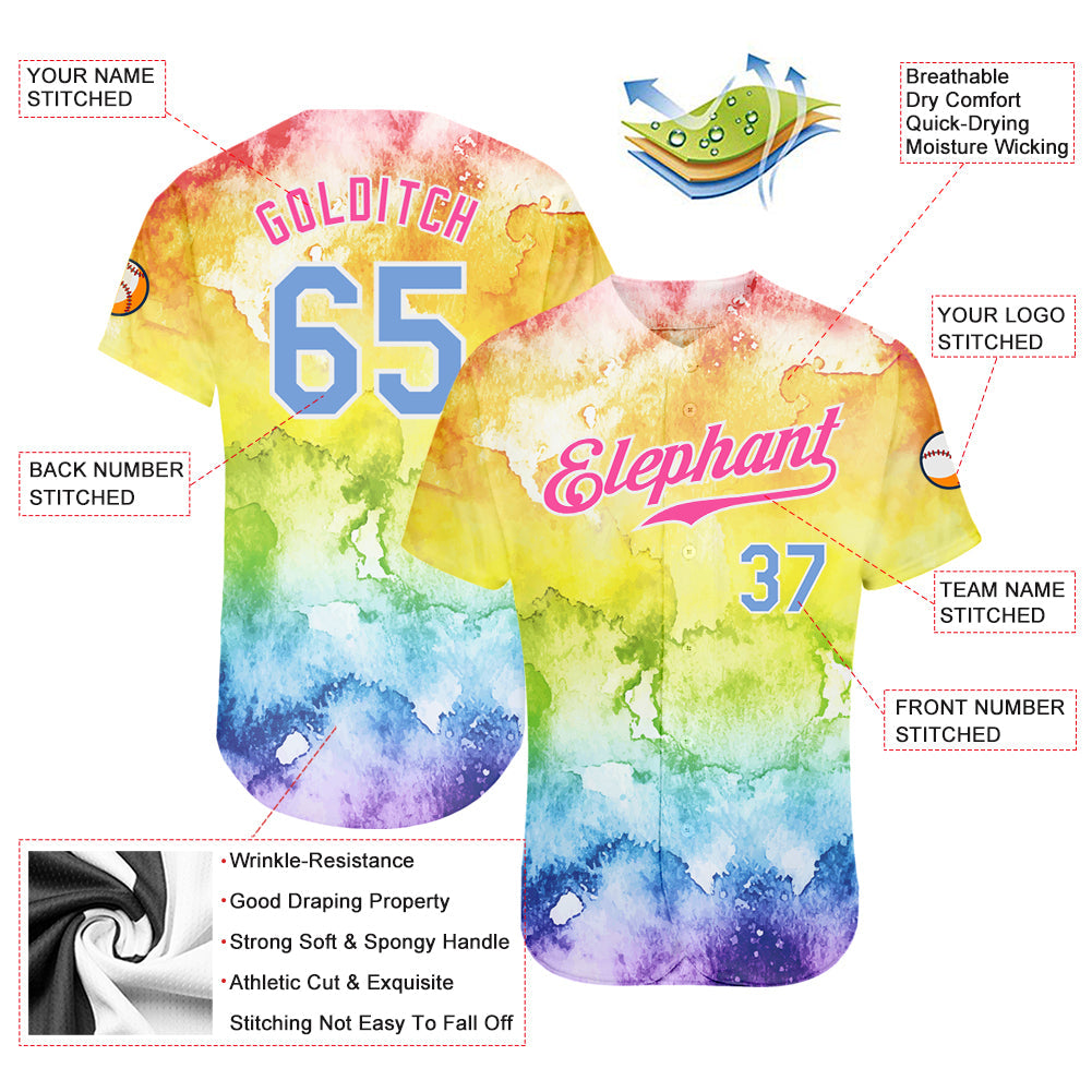Custom Tie Dye Light Blue-Pink 3D Rainbow Authentic Baseball Jersey view 3