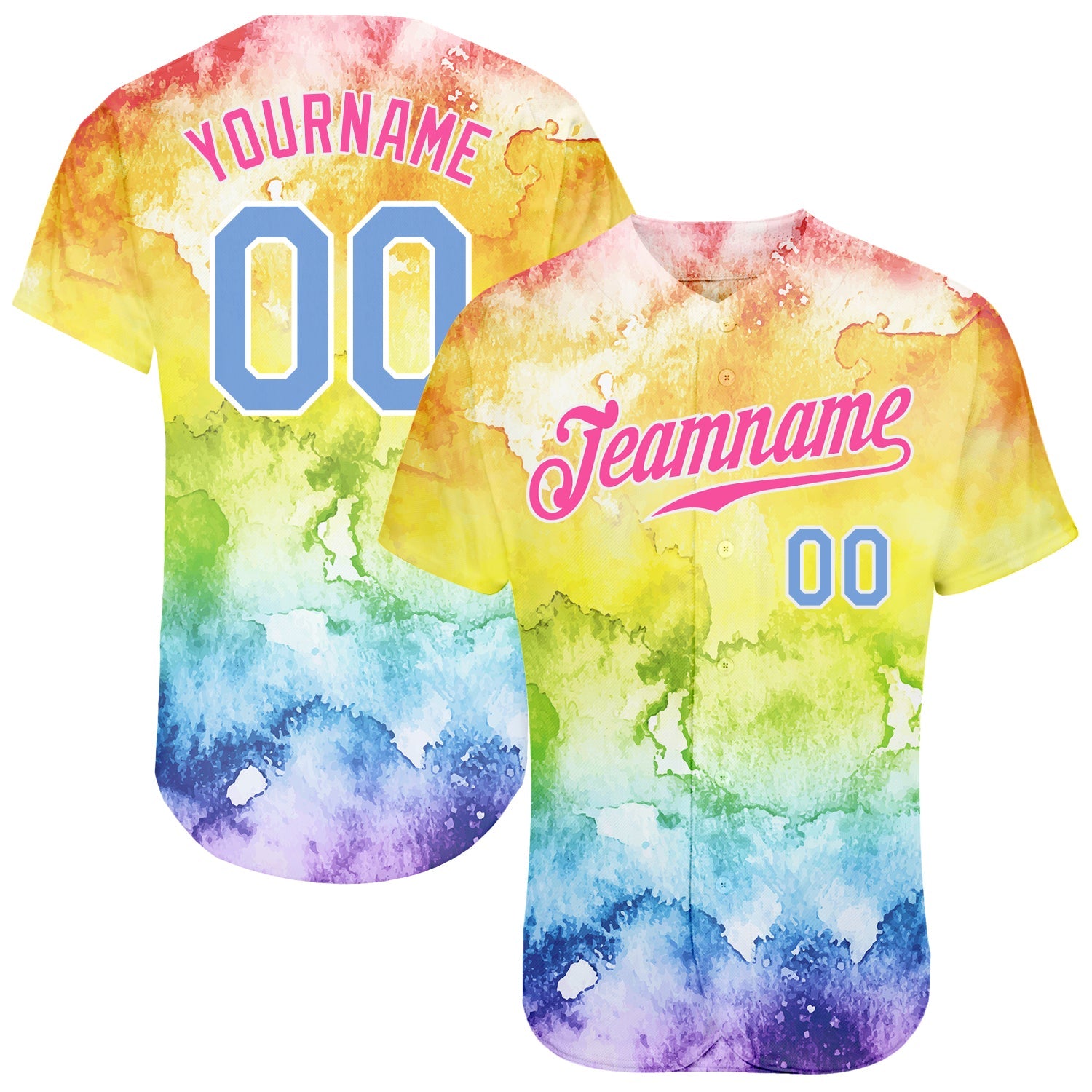 Custom Tie Dye Light Blue-Pink 3D Rainbow Authentic Baseball Jersey - Main View