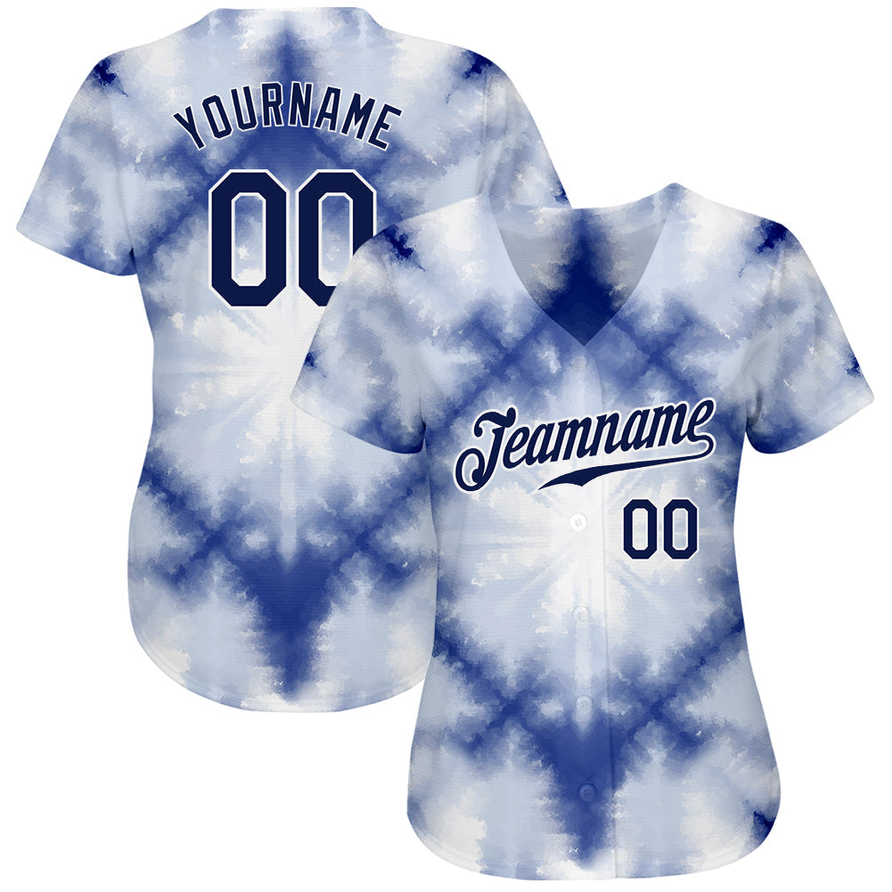 Custom Tie Dye Navy-White 3D Shibori Authentic Baseball Jersey view 2