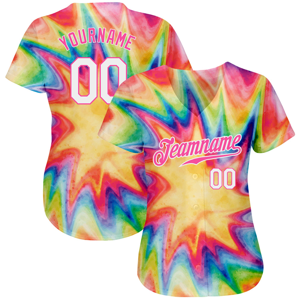 Custom Tie Dye White-Pink 3D Watercolor Rainbow Authentic Baseball Jersey view 2