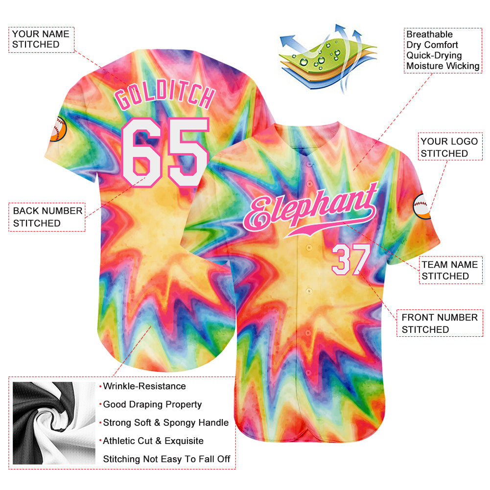 Custom Tie Dye White-Pink 3D Watercolor Rainbow Authentic Baseball Jersey view 3
