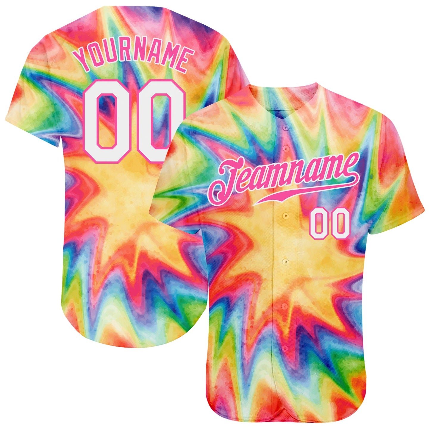 Custom Tie Dye White-Pink 3D Watercolor Rainbow Authentic Baseball Jersey - Main View
