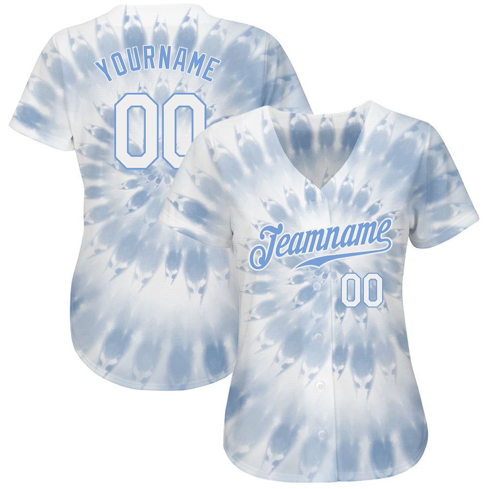 Custom Tie Dye White-Light Blue 3D Watercolor Authentic Baseball Jersey view 2