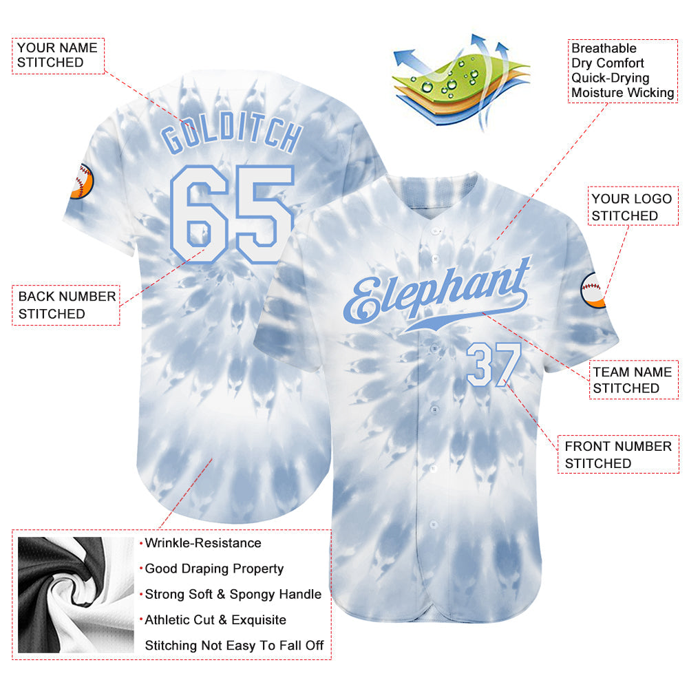 Custom Tie Dye White-Light Blue 3D Watercolor Authentic Baseball Jersey view 3
