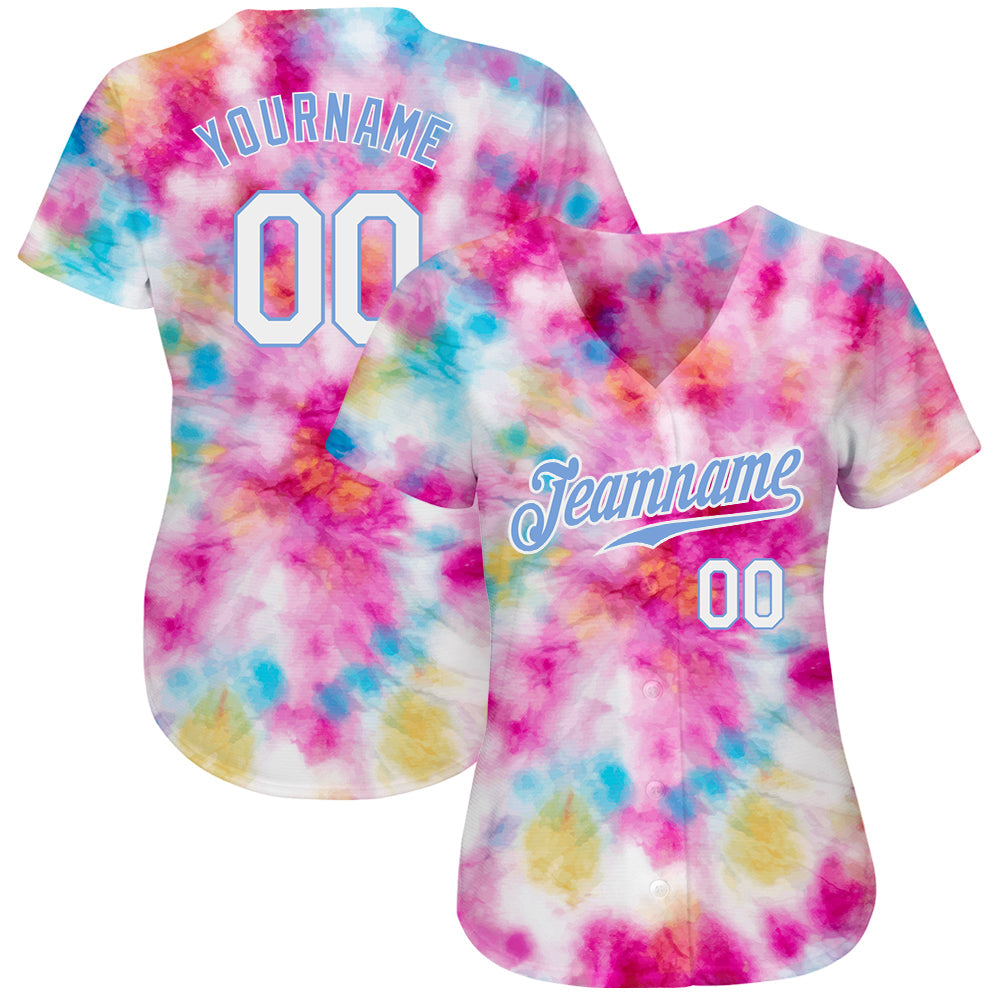 Custom Tie Dye White-Light Blue 3D Colorful Watercolor Authentic Baseball Jersey view 2