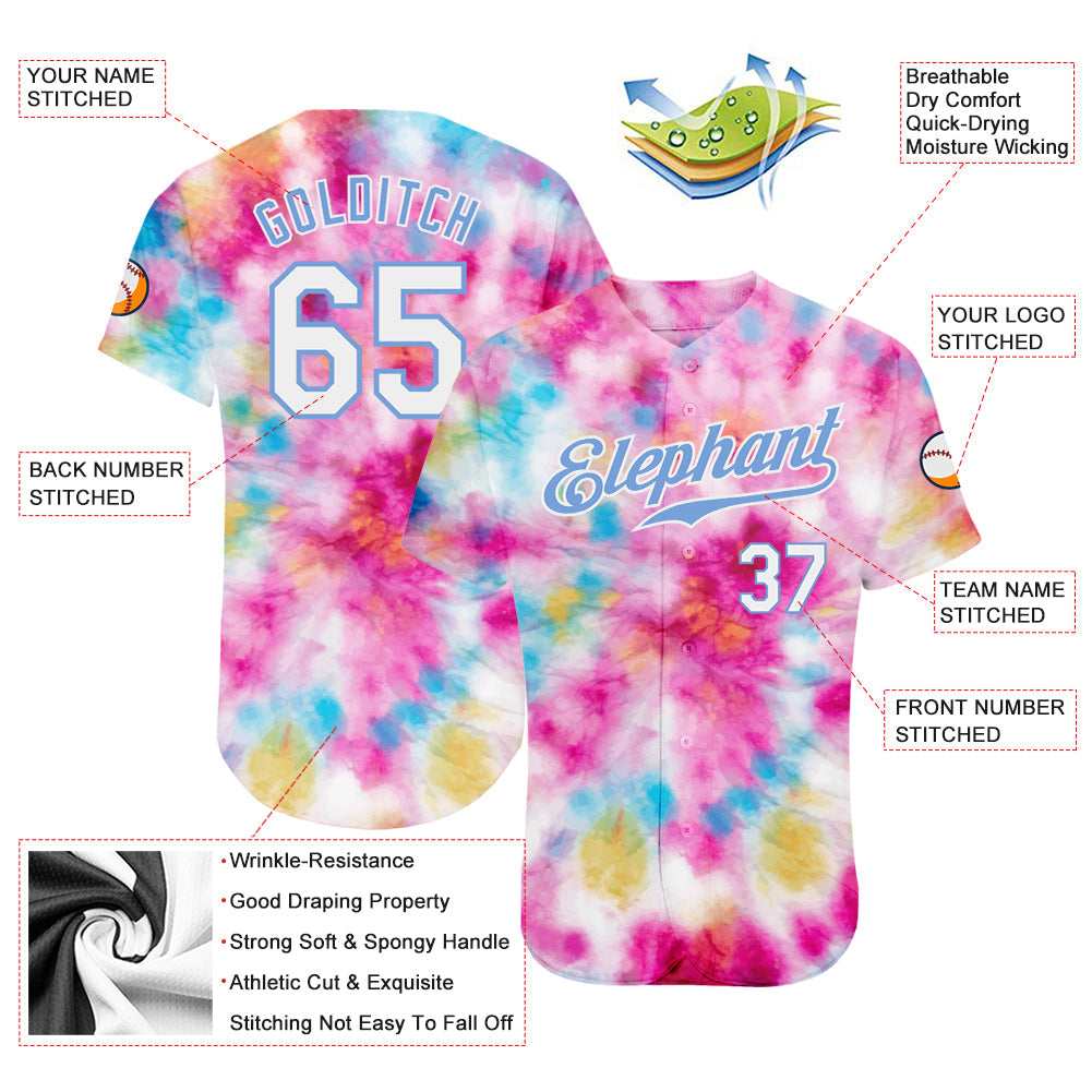 Custom Tie Dye White-Light Blue 3D Colorful Watercolor Authentic Baseball Jersey view 3
