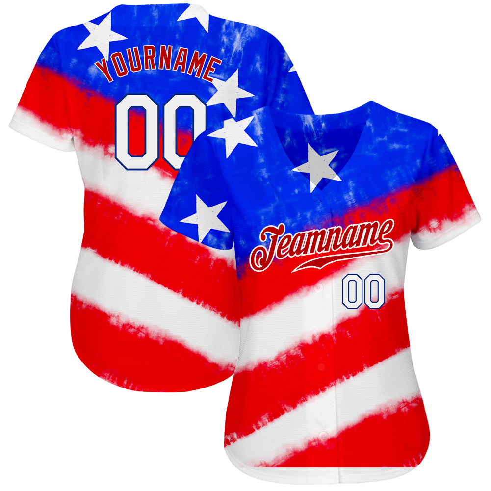 Custom Tie Dye White-Royal 3D American Flag Authentic Baseball Jersey view 2