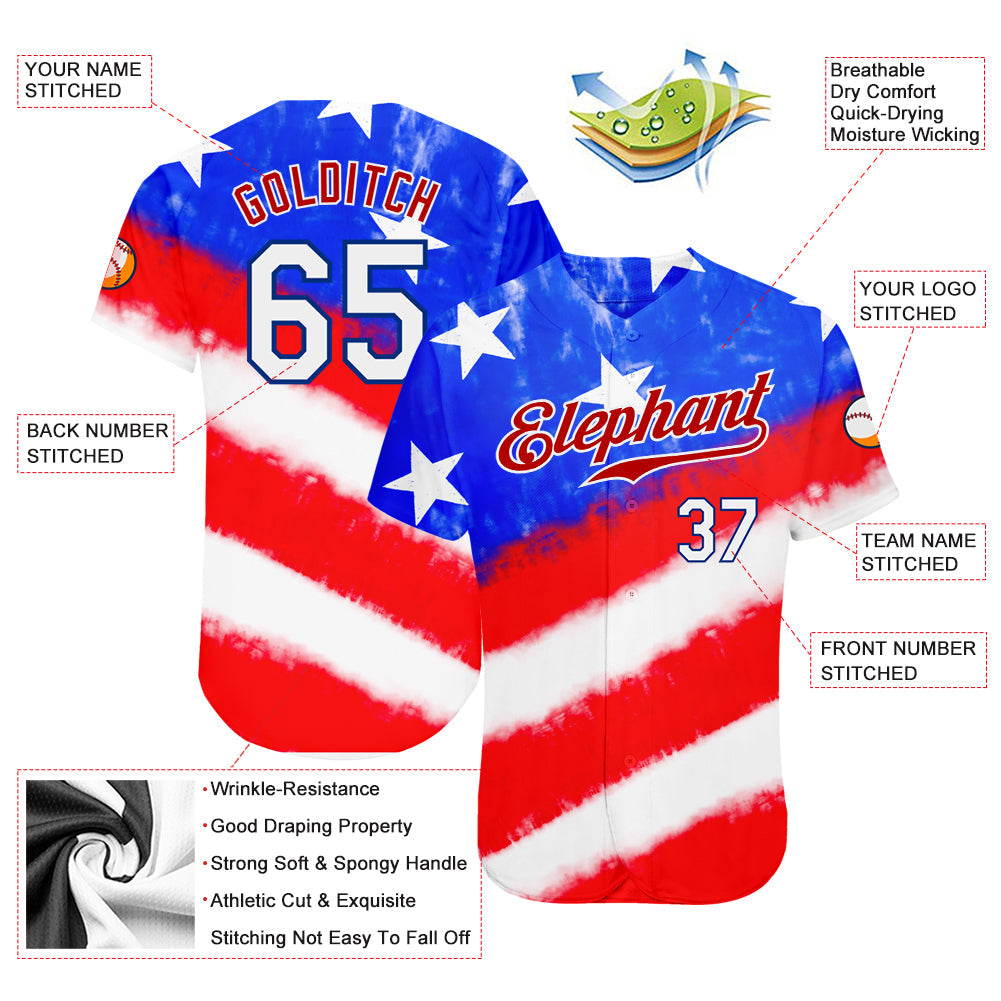 Custom Tie Dye White-Royal 3D American Flag Authentic Baseball Jersey view 3