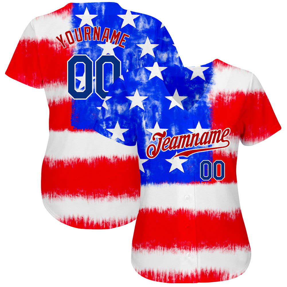 Custom Tie Dye Royal-Red 3D American Flag Authentic Baseball Jersey view 2