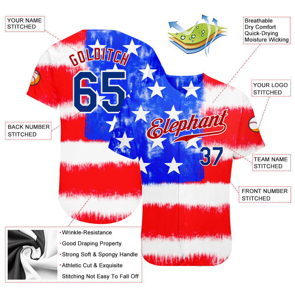 Custom Tie Dye Royal-Red 3D American Flag Authentic Baseball Jersey view 3