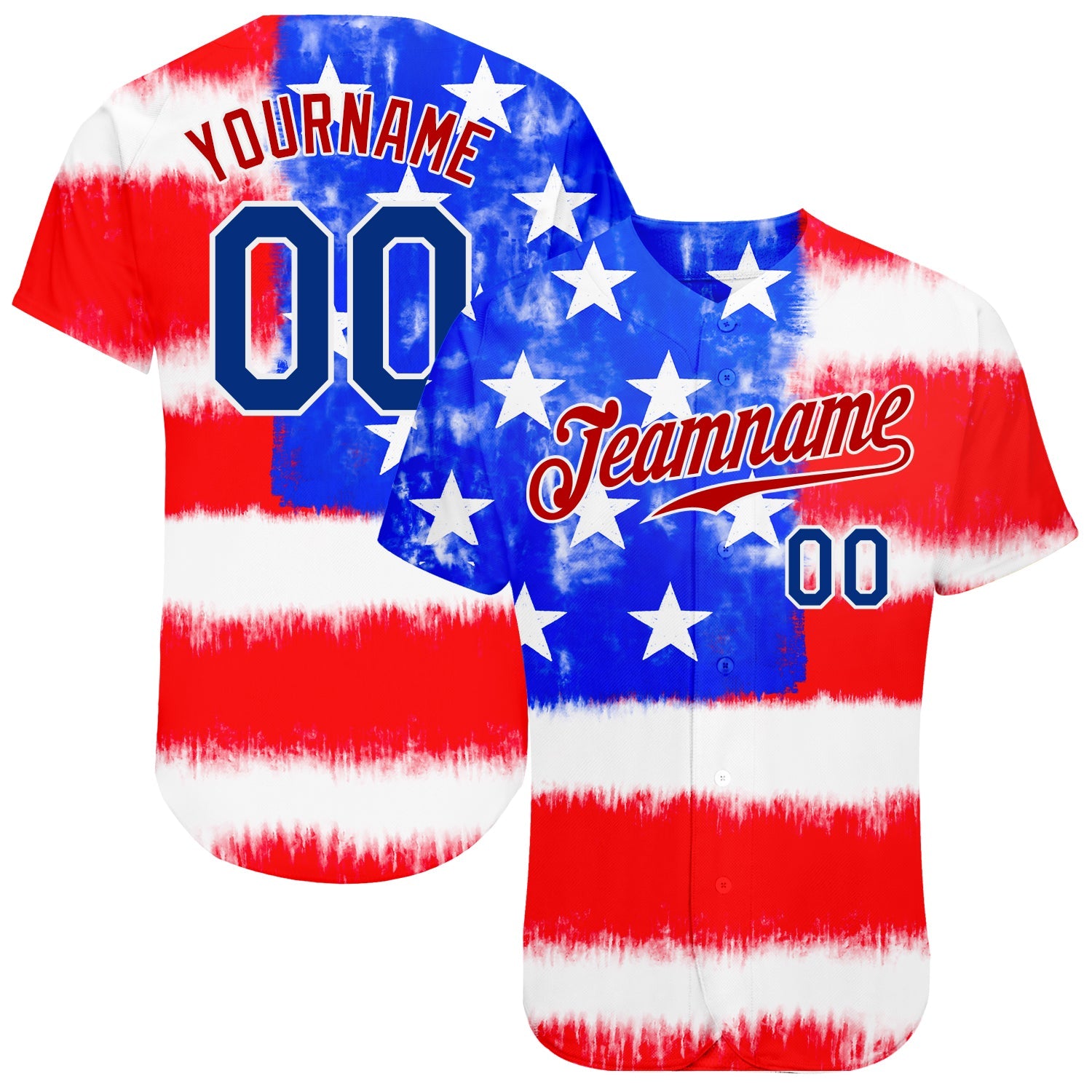 Custom Tie Dye Royal-Red 3D American Flag Authentic Baseball Jersey - Main View