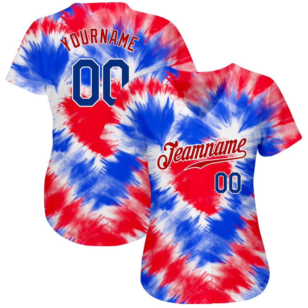 Custom Tie Dye Royal-Red 3D American Flag Authentic Baseball Jersey view 2