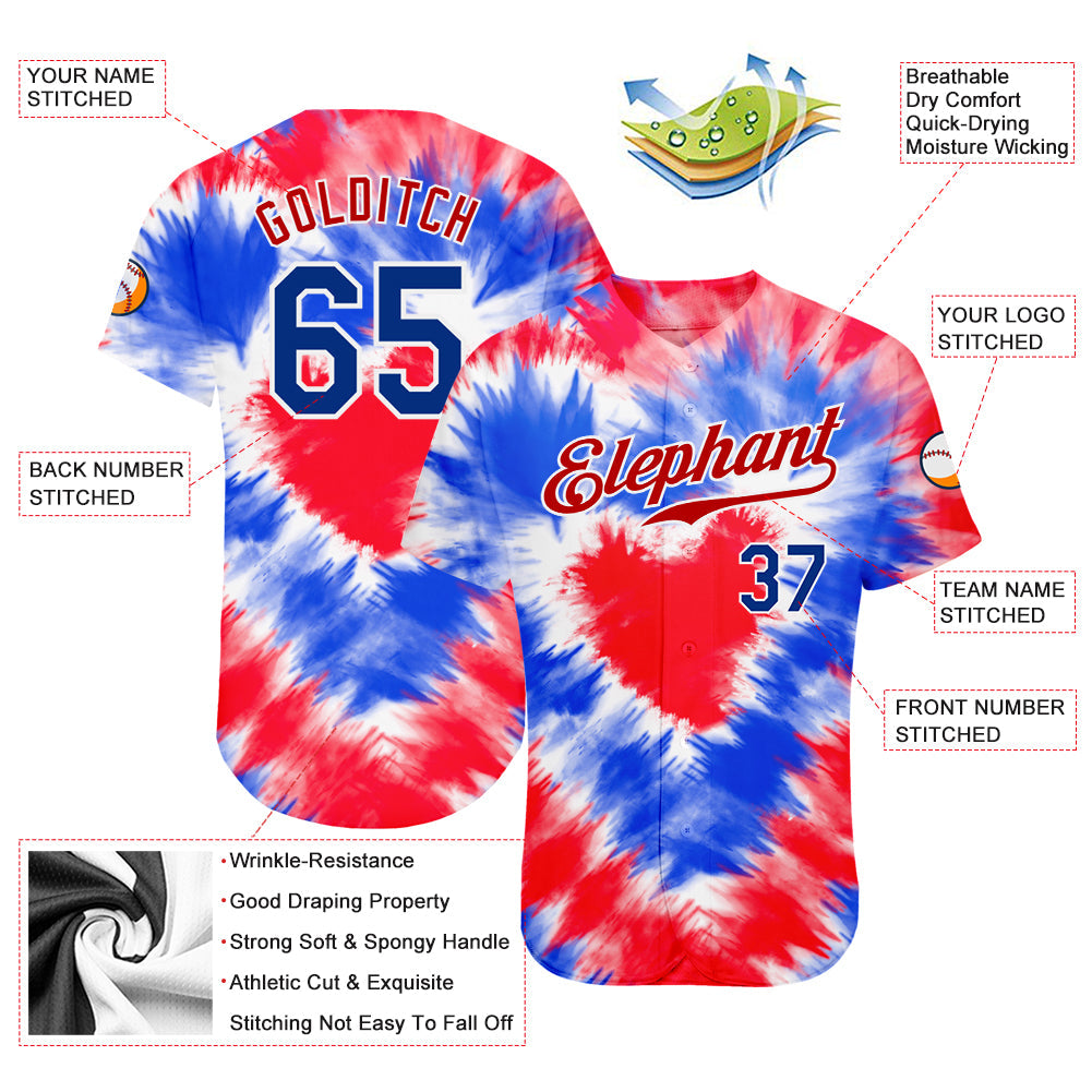 Custom Tie Dye Royal-Red 3D American Flag Authentic Baseball Jersey view 3