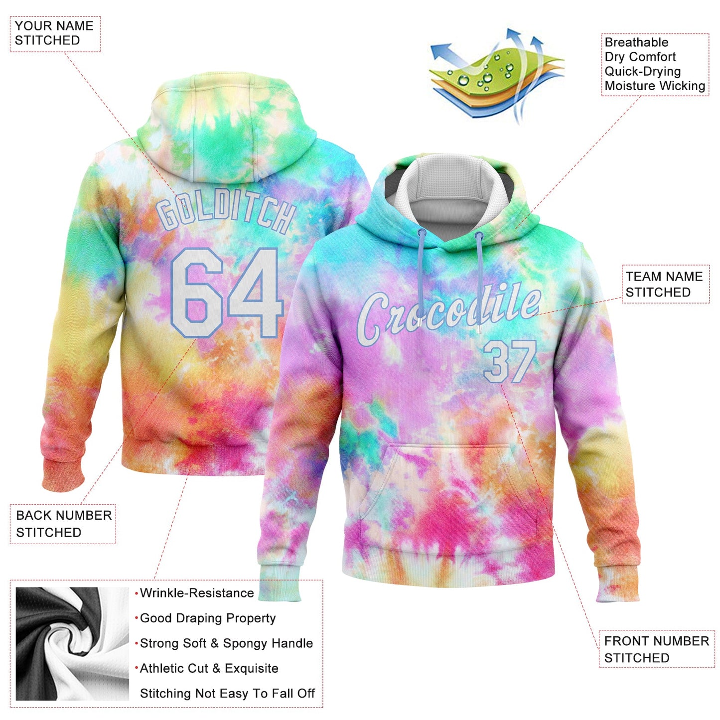 Custom Stitched Tie Dye White-Light Blue 3D Rainbow Sports Pullover Sweatshirt Hoodie view 2