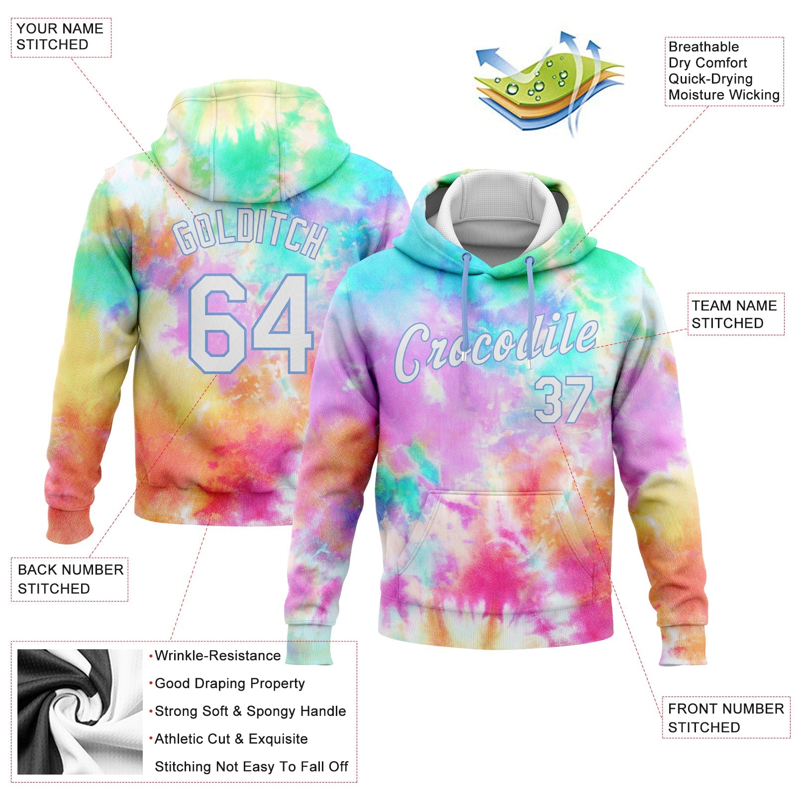 Custom Stitched Tie Dye White-Light Blue 3D Rainbow Sports Pullover Sweatshirt Hoodie view 2