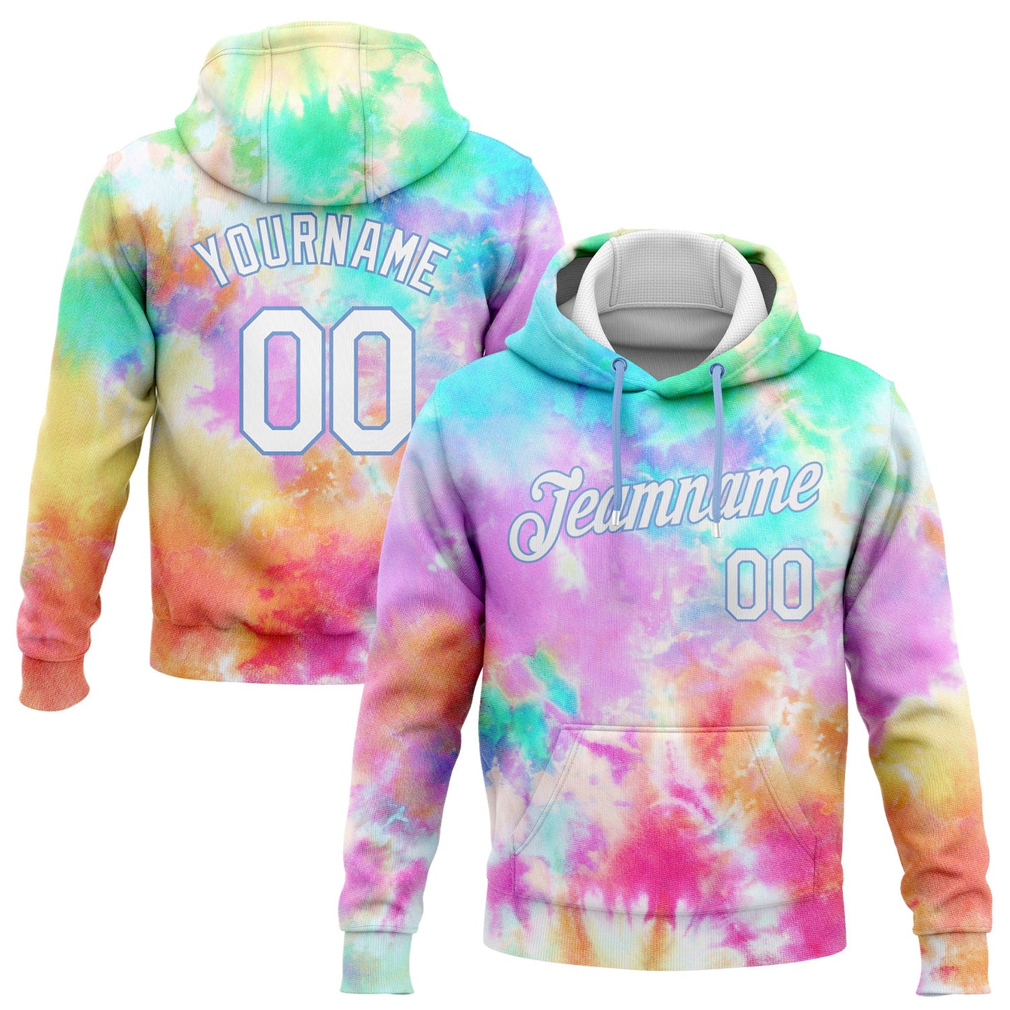 Custom Stitched Tie Dye White-Light Blue 3D Rainbow Sports Pullover Sweatshirt Hoodie - Main View