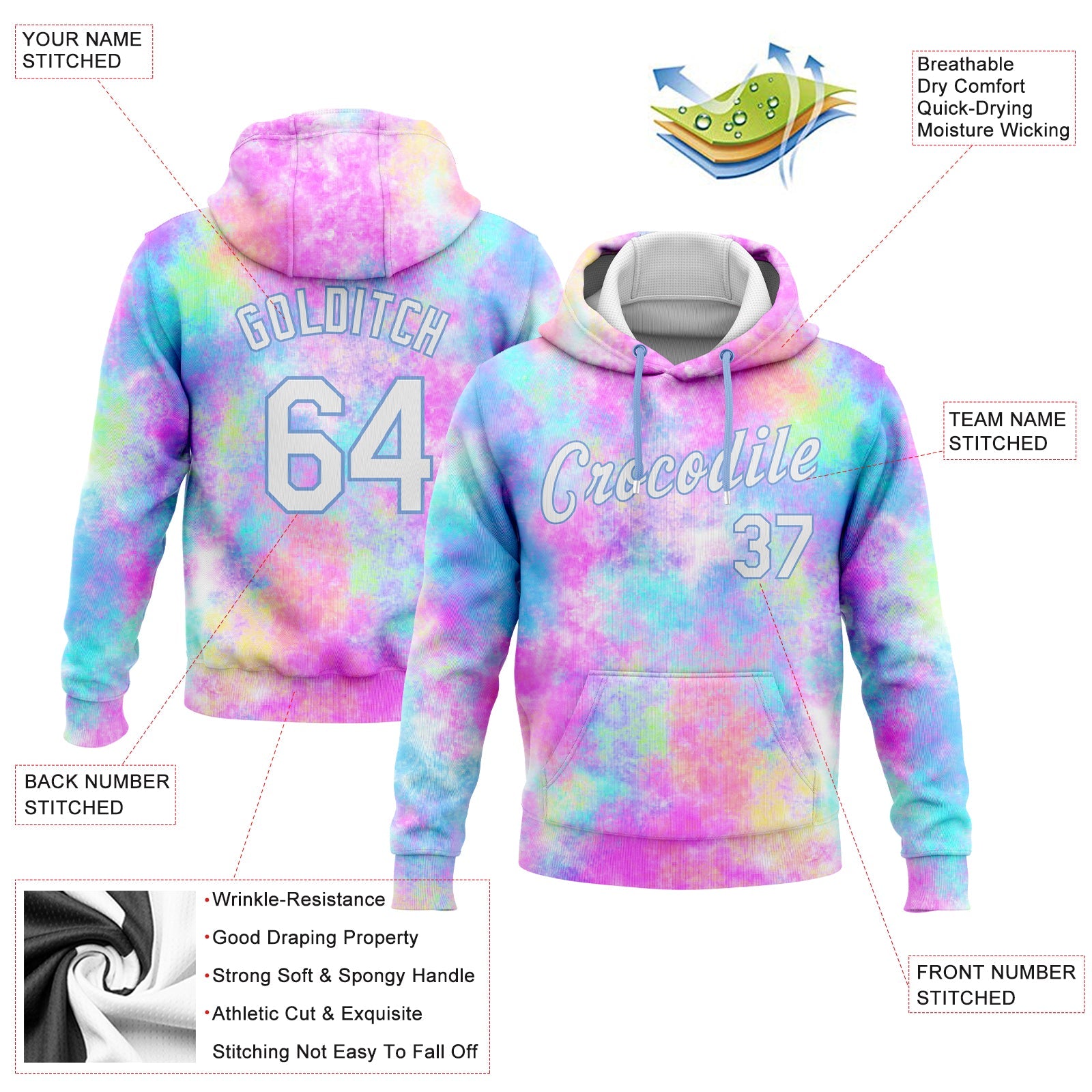Custom Stitched Tie Dye White-Light Blue 3D Watercolor Gradient Sports Pullover Sweatshirt Hoodie view 2