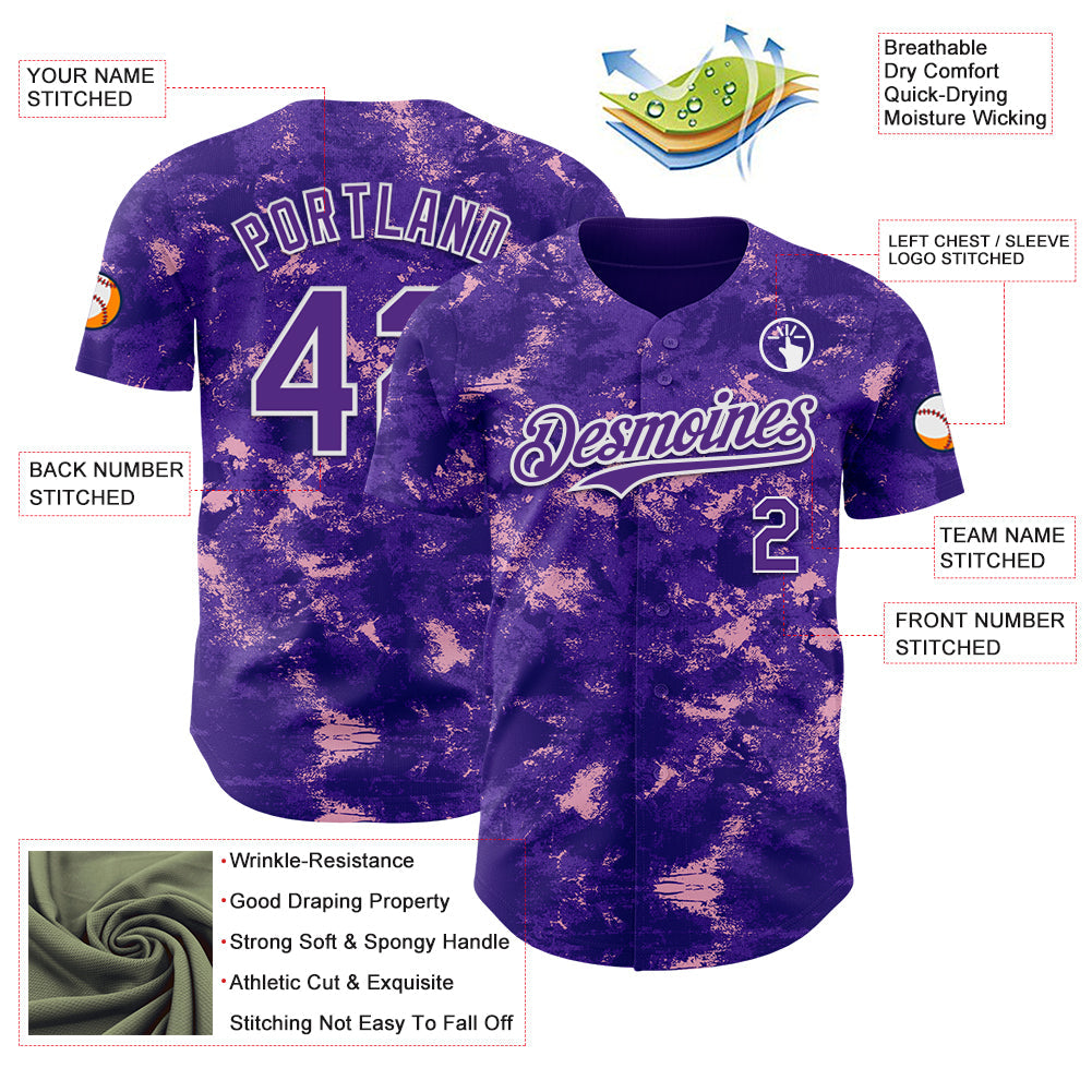 Custom Tie Dye Purple-White Authentic Baseball Jersey view 3
