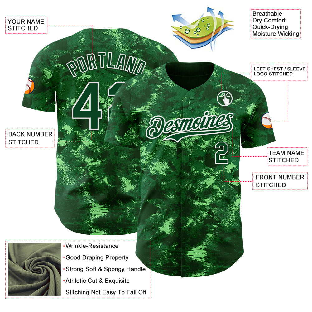 Custom Tie Dye Green-White Authentic Baseball Jersey view 3