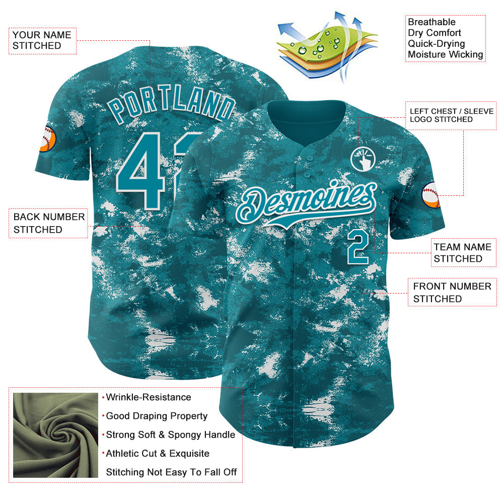 Custom Tie Dye Teal-White Authentic Baseball Jersey view 3