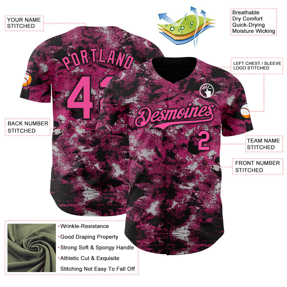 Custom Tie Dye Pink-Black Authentic Baseball Jersey view 3