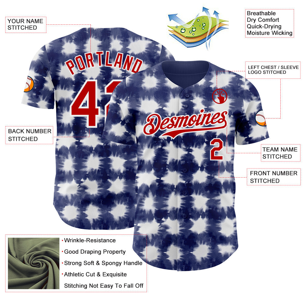Custom Tie Dye Red-White Shibori Pattern Authentic Baseball Jersey view 3