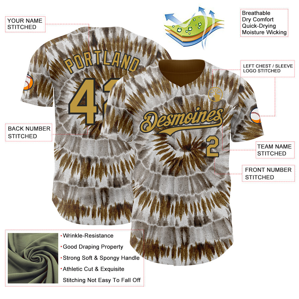 Custom Tie Dye Old Gold-Black Shibori Pattern Authentic Baseball Jersey view 3