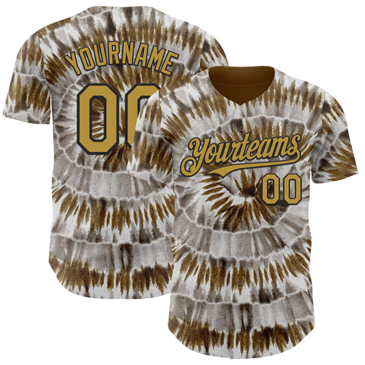 Custom Tie Dye Old Gold-Black Shibori Pattern Authentic Baseball Jersey - Main View