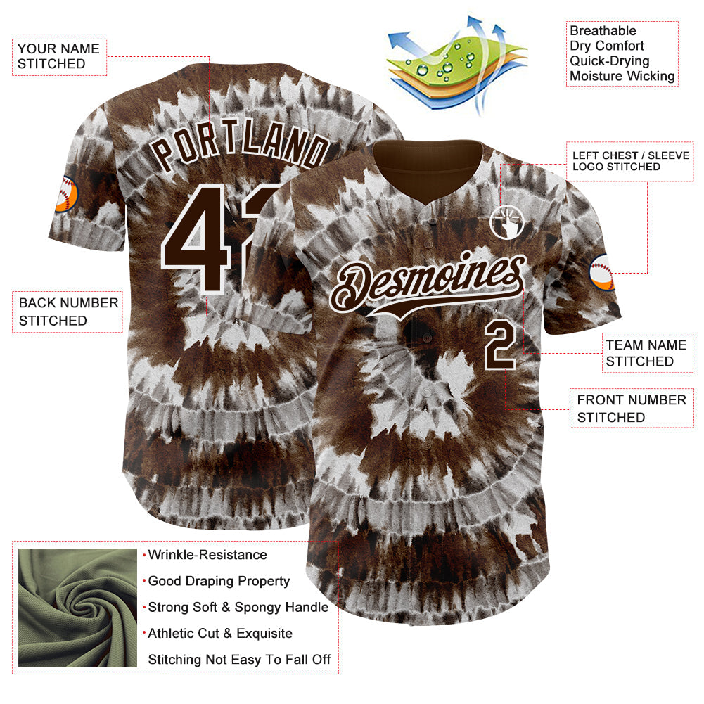Custom Tie Dye Brown-White Shibori Pattern Authentic Baseball Jersey view 3