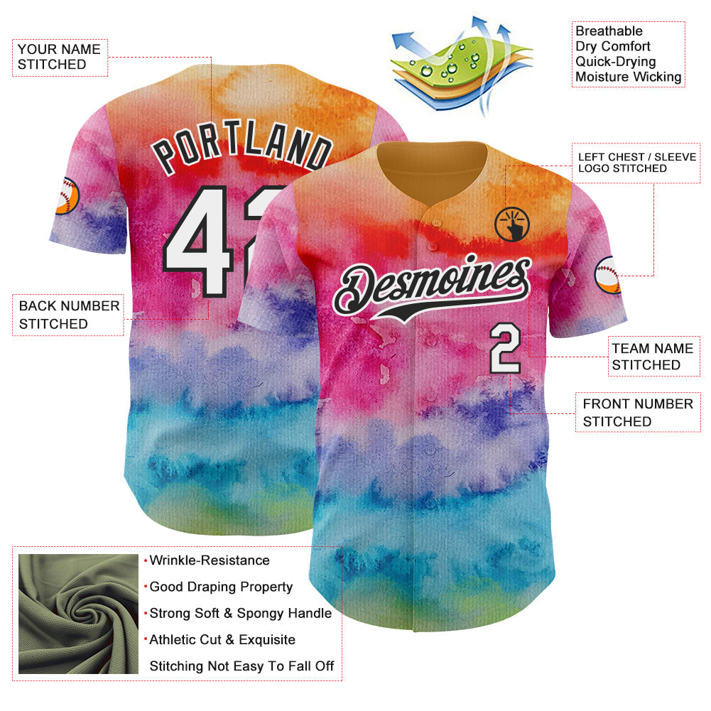 Custom Tie Dye White-Black Shibori Pattern Authentic Baseball Jersey view 3