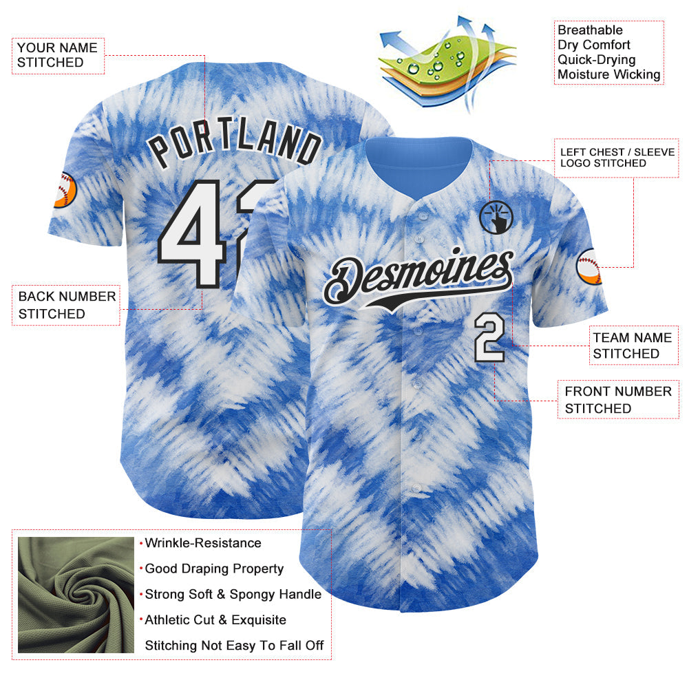 Custom Tie Dye White-Black Shibori Pattern Authentic Baseball Jersey view 3