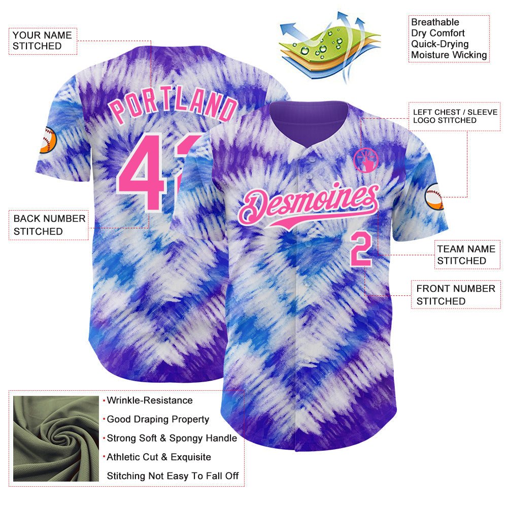 Custom Tie Dye Pink-White Shibori Pattern Authentic Baseball Jersey view 3