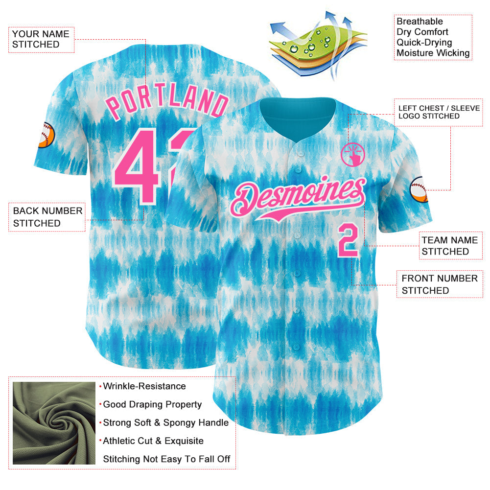 Custom Tie Dye Pink-White Shibori Pattern Authentic Baseball Jersey view 3